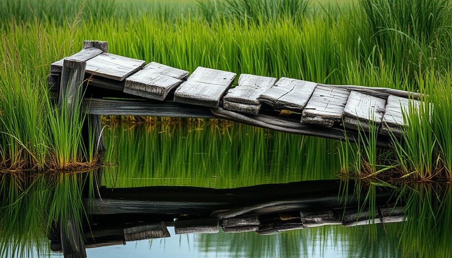 Broken wooden bridge reflecting in water, surrounded by tall grass.