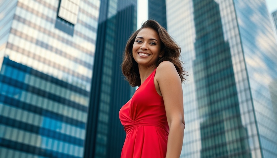 Professional woman in real estate industry with skyscrapers.