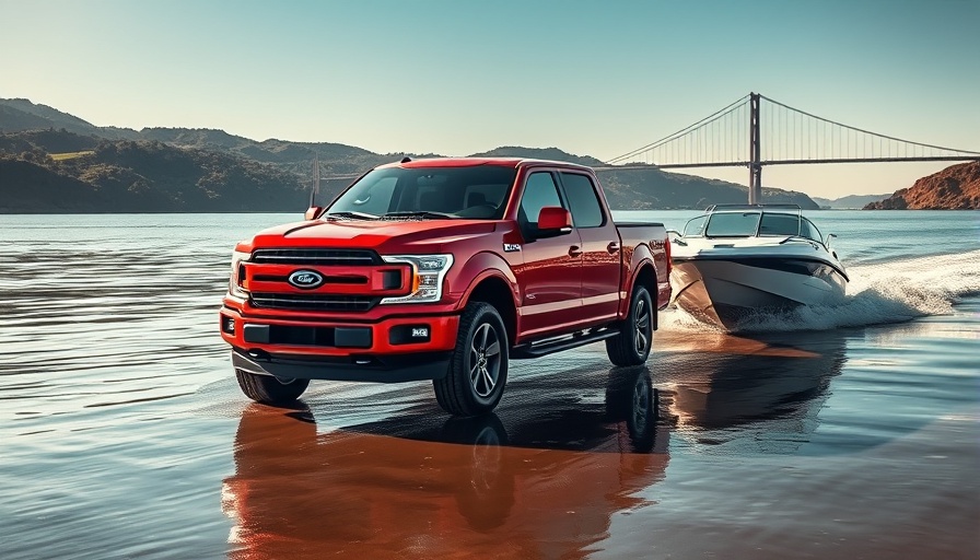 Ford F-150 truck towing a boat on a shoreline, highlighting its power.