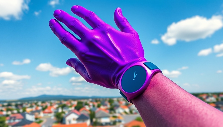 Surreal purple hand and watch over a city for delayed marketing ideas.