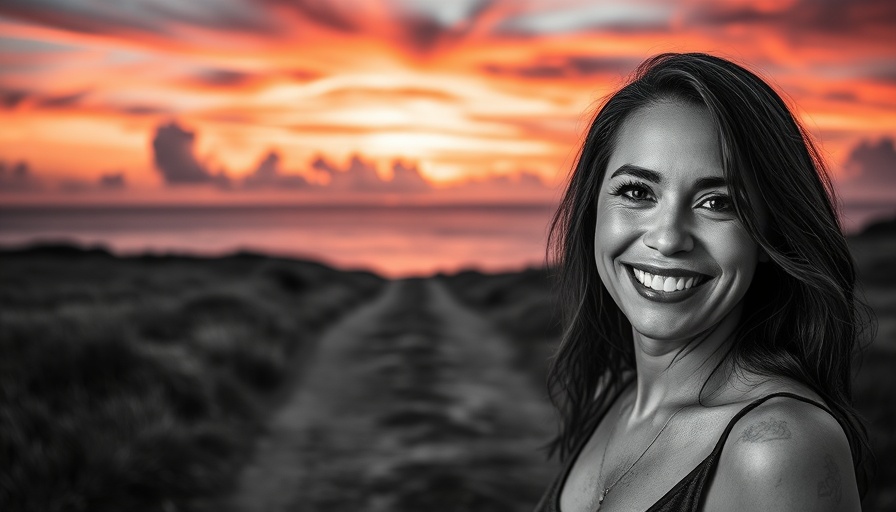 Grayscale portrait of a woman with scenic sunset landscape.