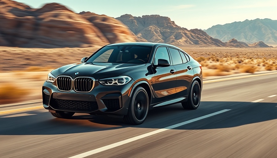 BMW XM driving on highway amid desert mountains, showcasing style.