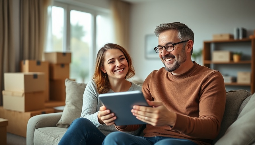 Couple celebrates amid moving boxes, symbolizing decline in mortgage rates.