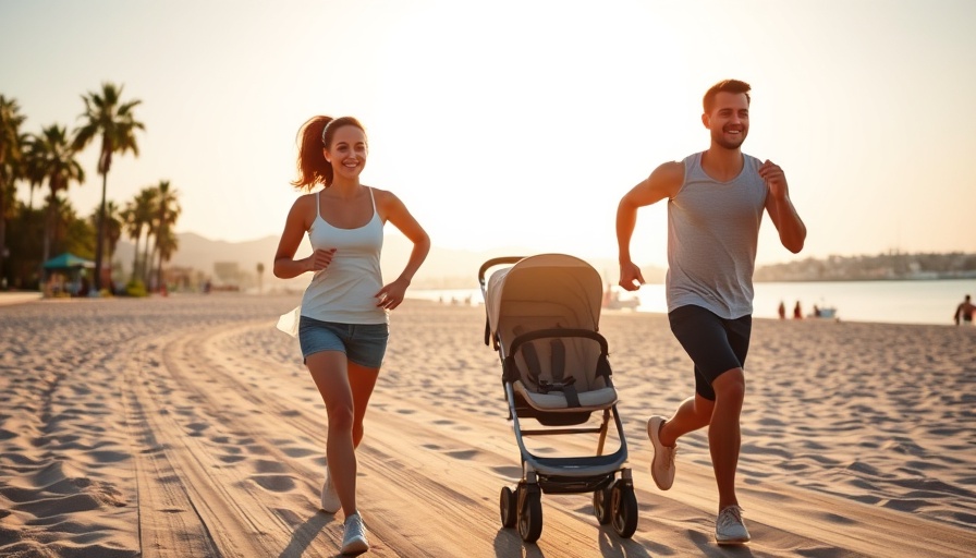 Couple jogging with stroller on Long Beach, serene sunset backdrop.