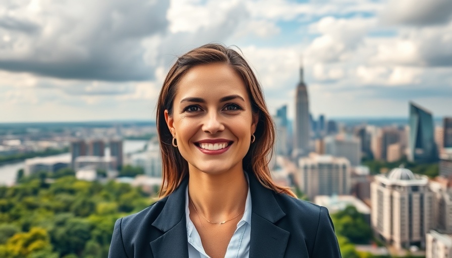 Smiling woman in real estate with city skyline background.