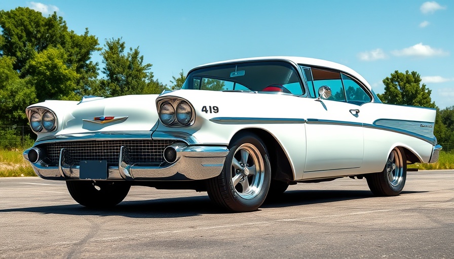 Classic white Chevy 409 muscle car in a sunny setting