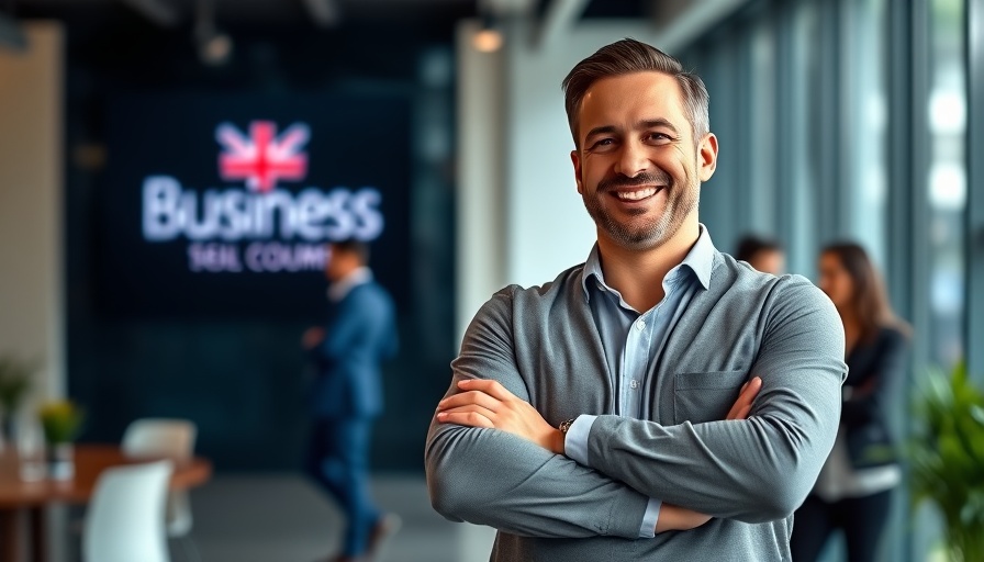 Confident businessman smiling in office with company logo.