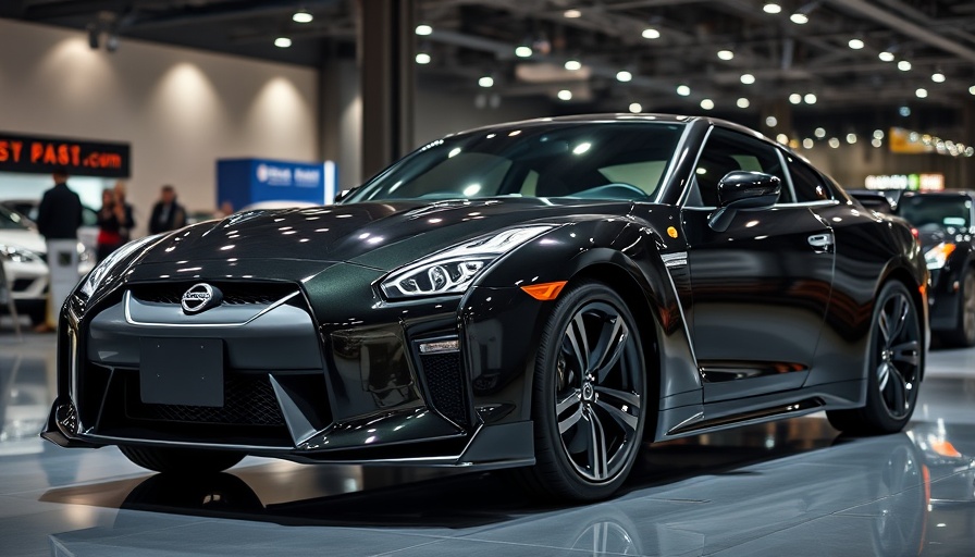 Sleek black Nissan 270R at car expo under spotlight.