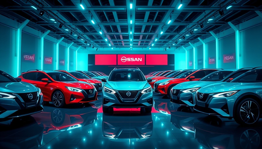 Futuristic display of Nissan new models in teal lighting.