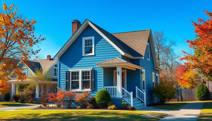 Charming blue house in autumn, ideal for foundation inspection before buying.