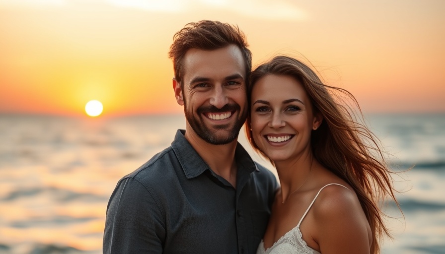 Estate Media's New Talent smiling duo at sunset seascape.