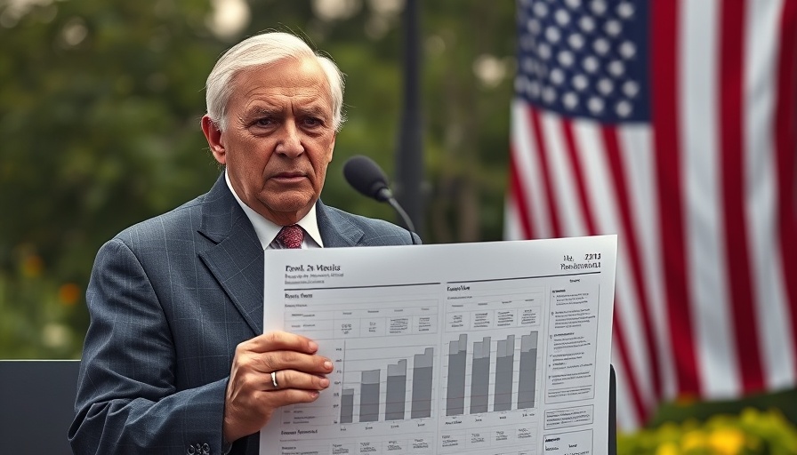 Trump's universal tariffs impact, man holding chart at podium, American flag.
