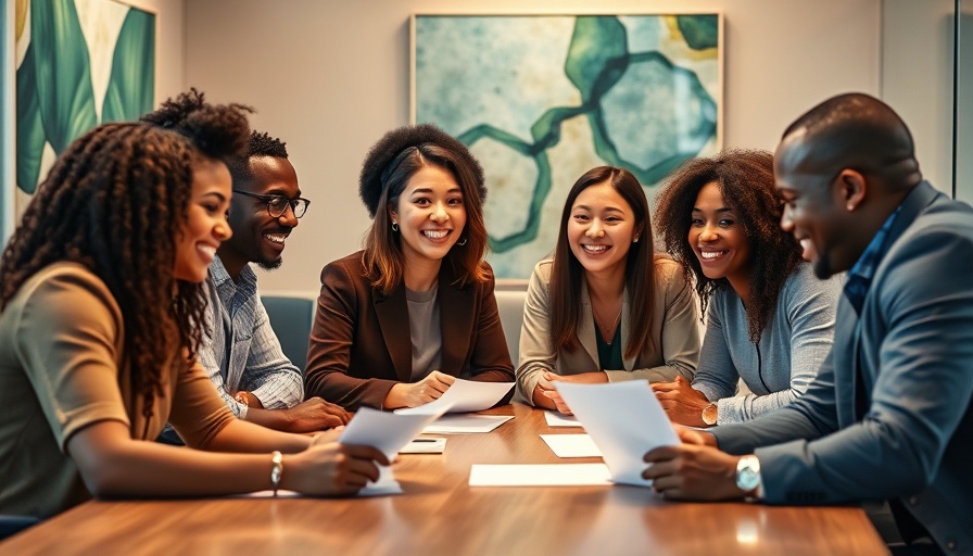 Diverse group discussing papers in an office meeting.