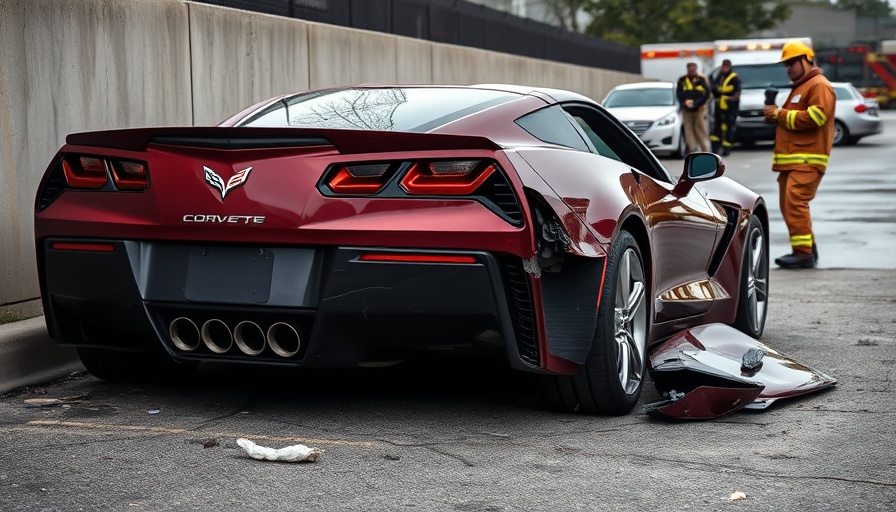 Woman Blames Flip-Flops For Crashing Corvette; damaged car at accident scene.