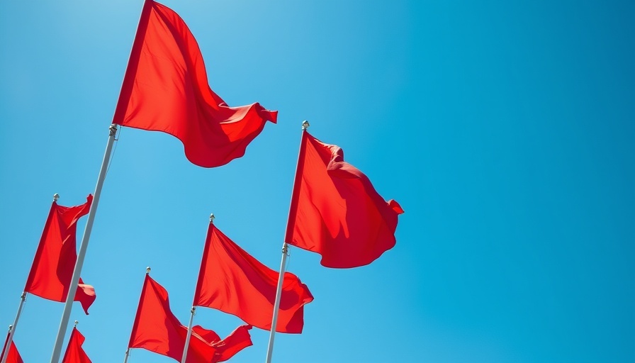 Vivid red flags against blue sky symbolizing signs of a toxic real estate team.