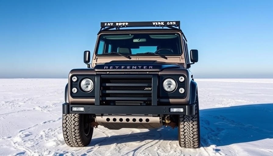Restomod Land Rover Defender in snowy field under blue sky.
