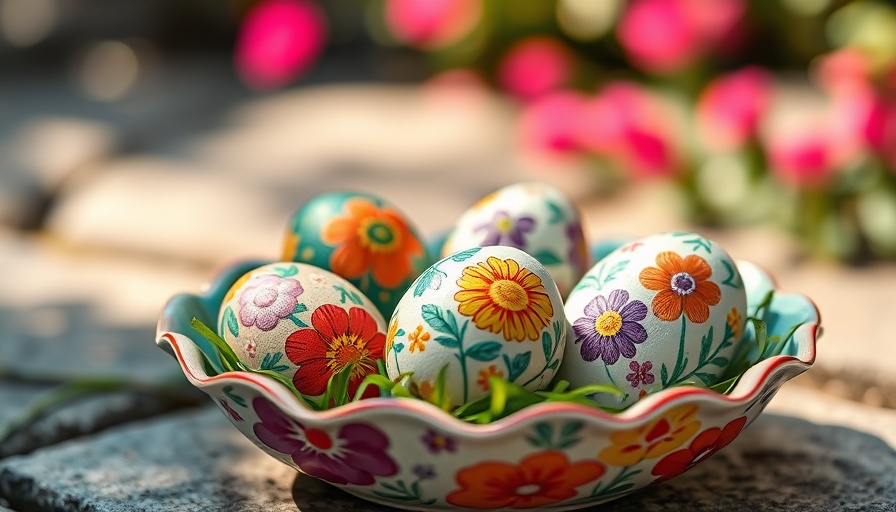 Colorful Easter eggs in a decorative dish outdoors.
