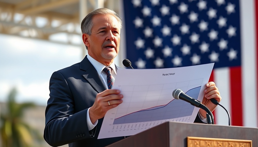 Figure speaking about policy, with chart, American flag background.