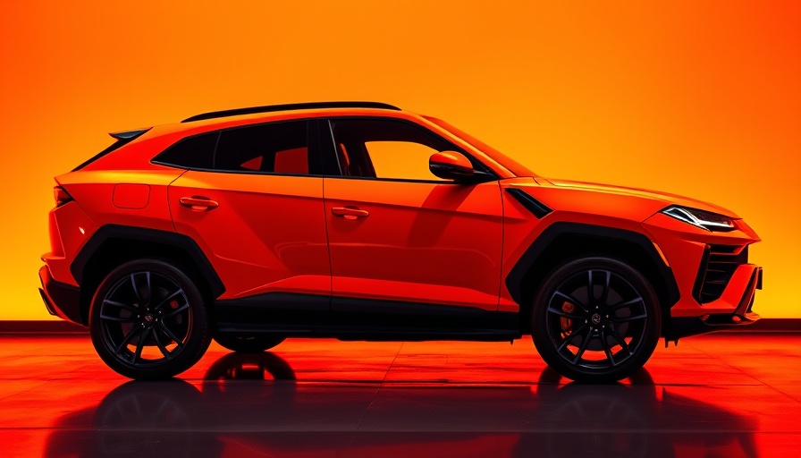 Bold Lamborghini Urus SUV design plans in vibrant orange light.