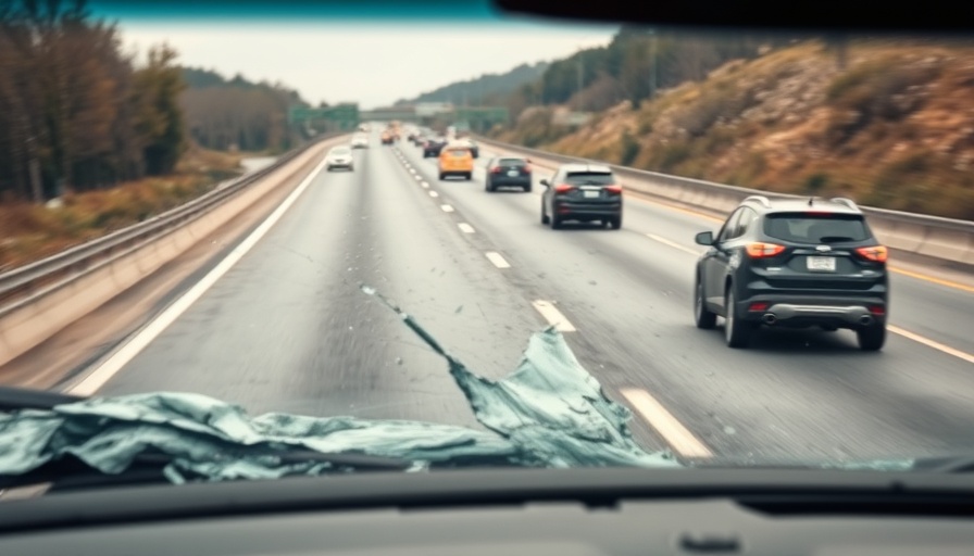 Severe car windshield damage from a stray tire on the highway.