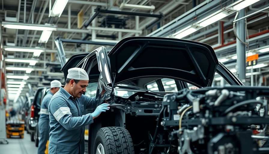 Modern factory workers assembling a vehicle under bright lighting.