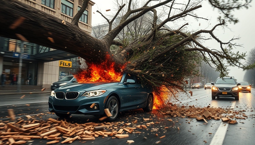 Ford Escape crushed by tree with debris explosion in parking lot.