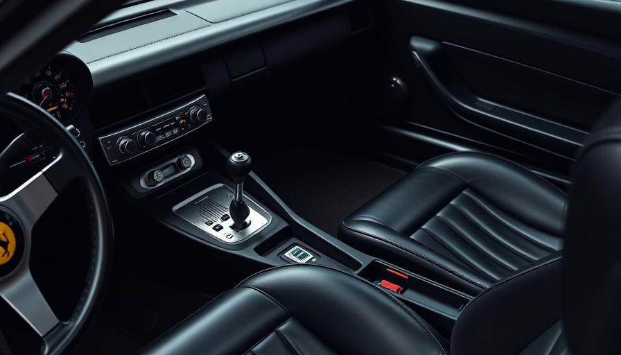Classic Ferrari manual transmission interior with black leather seats.