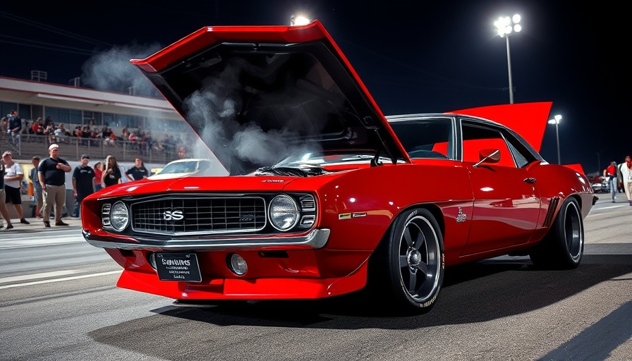 Camaro engine explosion during night race with smoke and spectators.