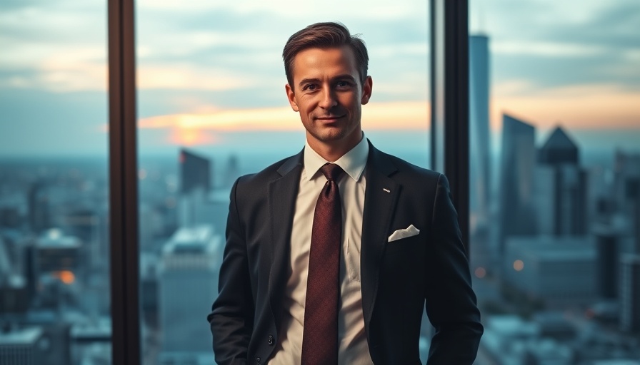 Man in formal suit with cityscape backdrop, Tal Alexander divorce proceedings.