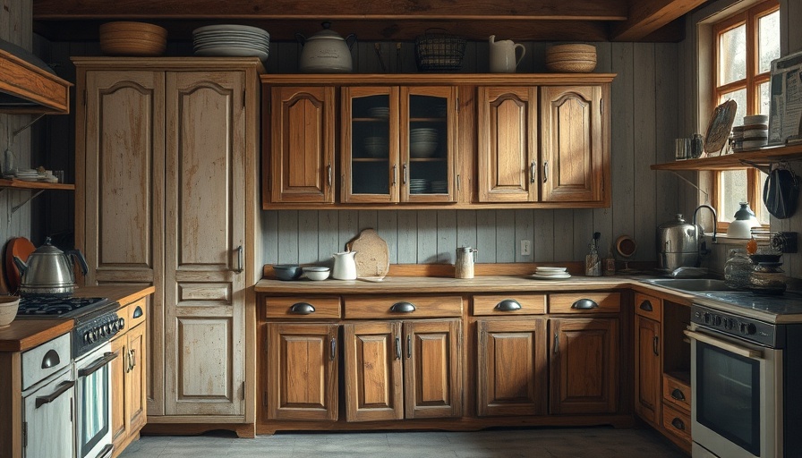 Cleaning old kitchen cabinets in a vintage rustic kitchen setting.