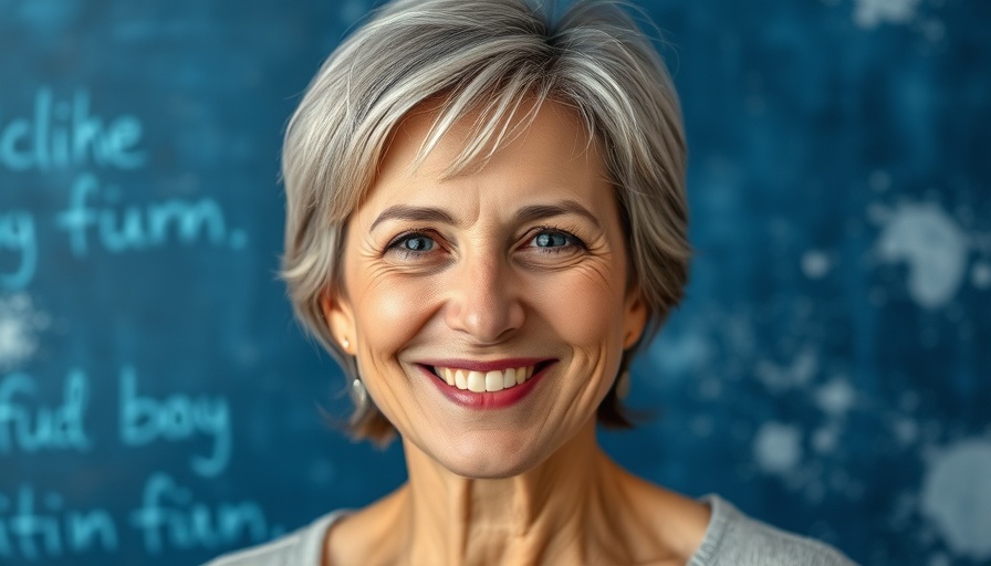 Confident woman smiling, abstract background, real estate consolidation.