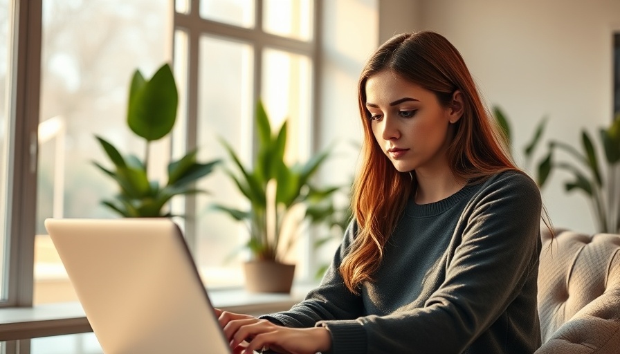 Young woman pondering rising mortgage rates on laptop.