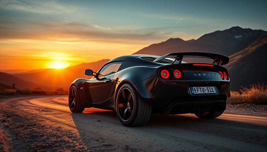 Modified Lotus Elise off-road at sunset with mountain backdrop.