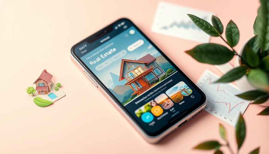 Modern smartphone showing real estate marketing, surrounded by icons, trending strategies.