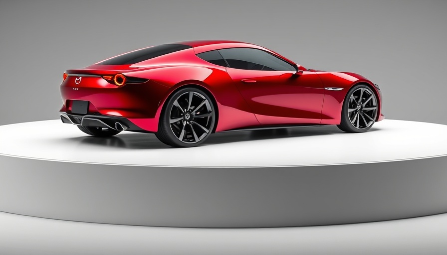 Sleek red Mazda Iconic SP concept car on display platform.