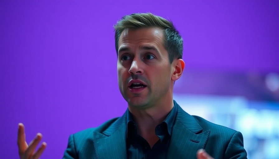Confident speaker in dark suit, engaging in conversation.