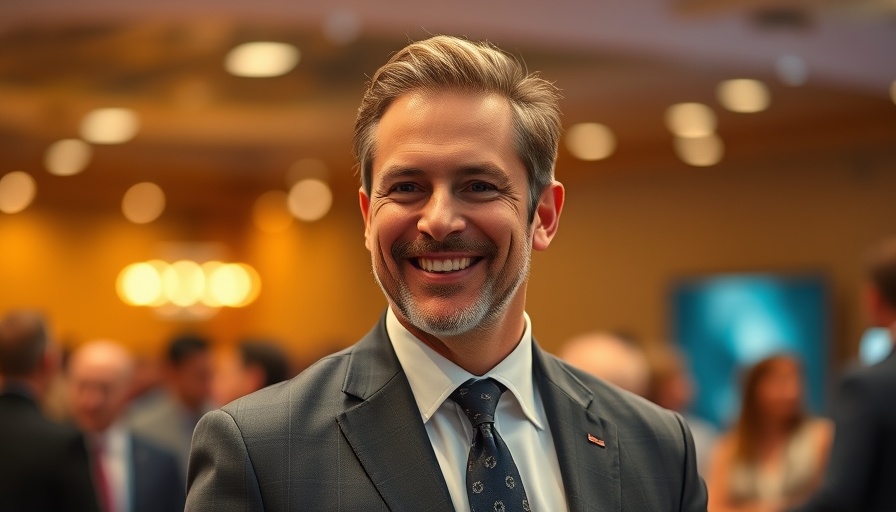Professional man smiling at an event with warm lighting.