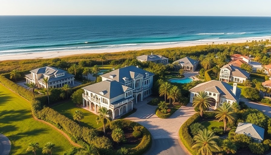 Aerial view of luxury beachfront estates in Florida, ocean backdrop