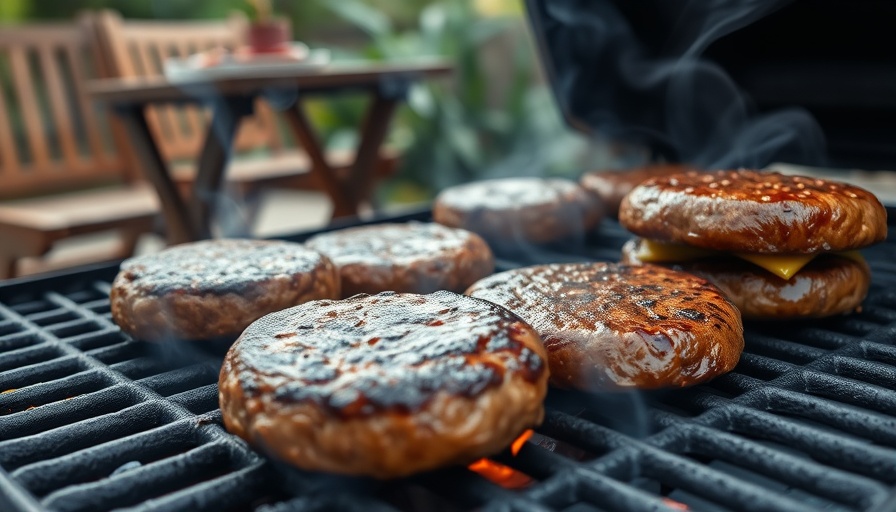 Juicy burgers sizzling on an outdoor grill station.