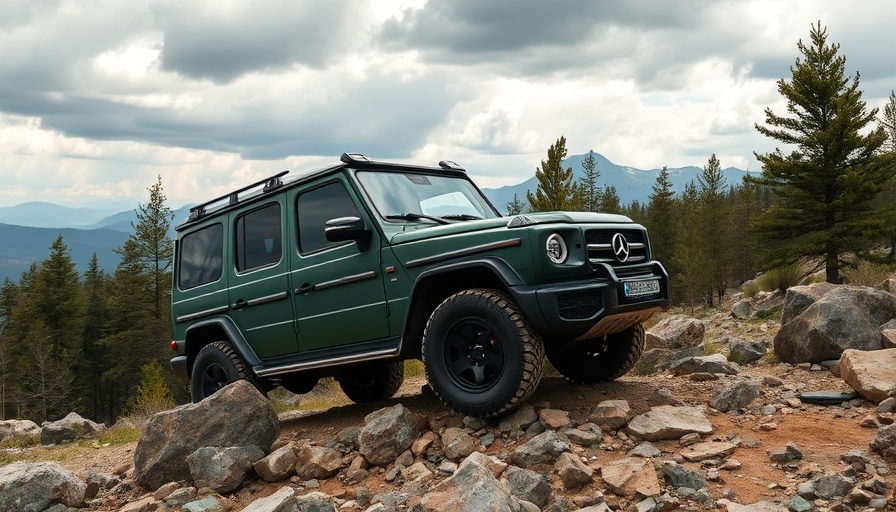 Green Mercedes-Benz G-Class SUV on rocky terrain, mountainous background.