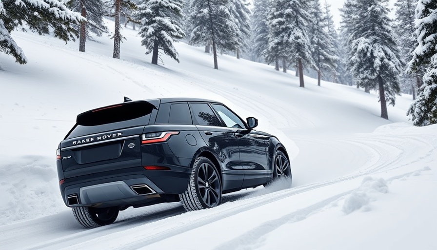 Upcoming EV Range Rover descending snowy hill in pine forest.