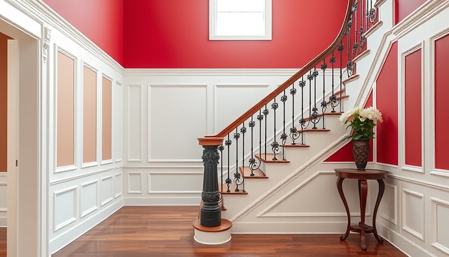 Stylish staircase showcasing wainscoting design with red walls.