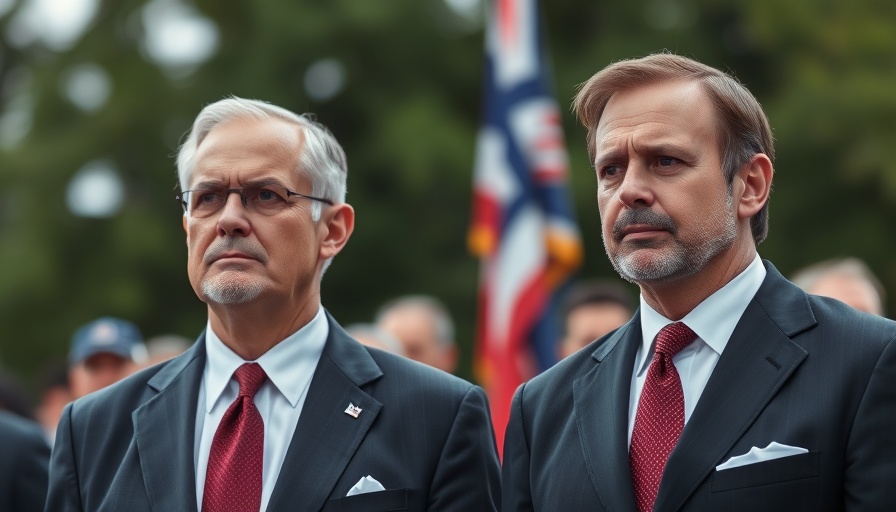 Two men at event with serious expressions, outdoor setting.