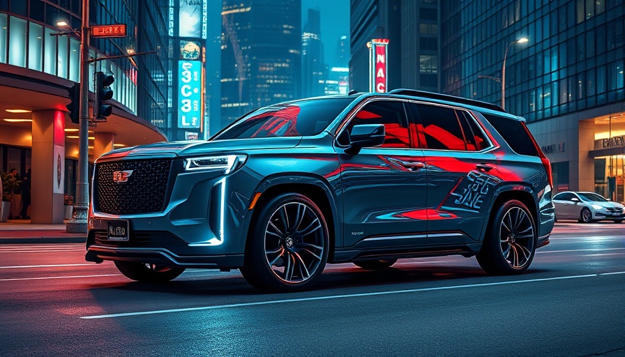 Futuristic electric Escalade customization parked on urban street.