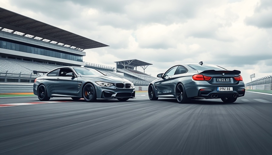 BMW M4 CS Edition VR46 cars on racetrack under cloudy sky.