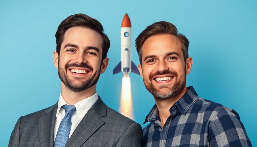 Composite image with two men and rocket lifting off in the background.