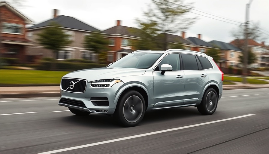 Sleek Volvo SUV driving on a city road, motion blur, urban backdrop.