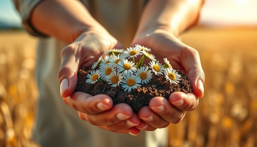 Hands holding soil and daisies against field backdrop, symbolizing growth.
