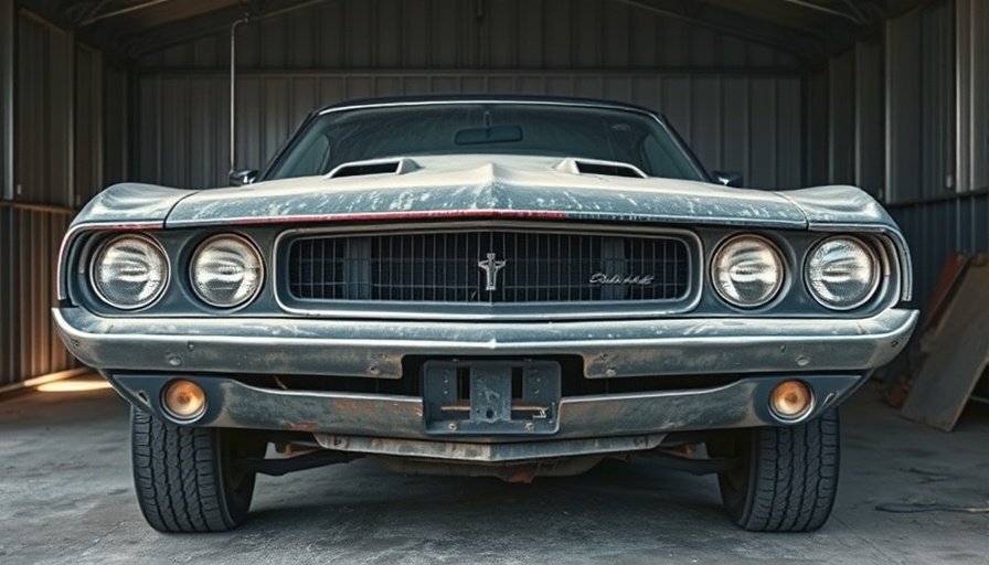 Aged muscle car front in need of restoration in dusty garage.