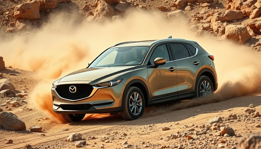 Olive Mazda CX-60 driving through desert terrain, illustrating U.S. tariffs impact.